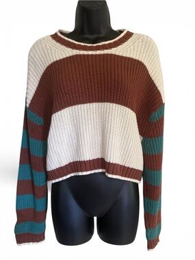 American Eagle Earthy Indie Cropped Striped Crewneck Sweater Brown Cream Teal M